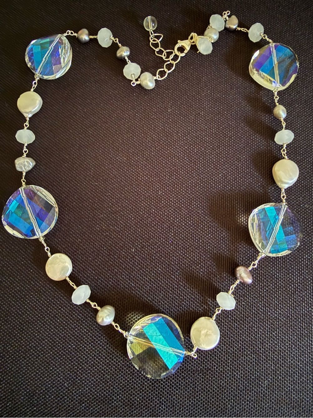 925 Sterling Silver Aurora Borealis Crystal Freshwater Pearl Statement Necklace